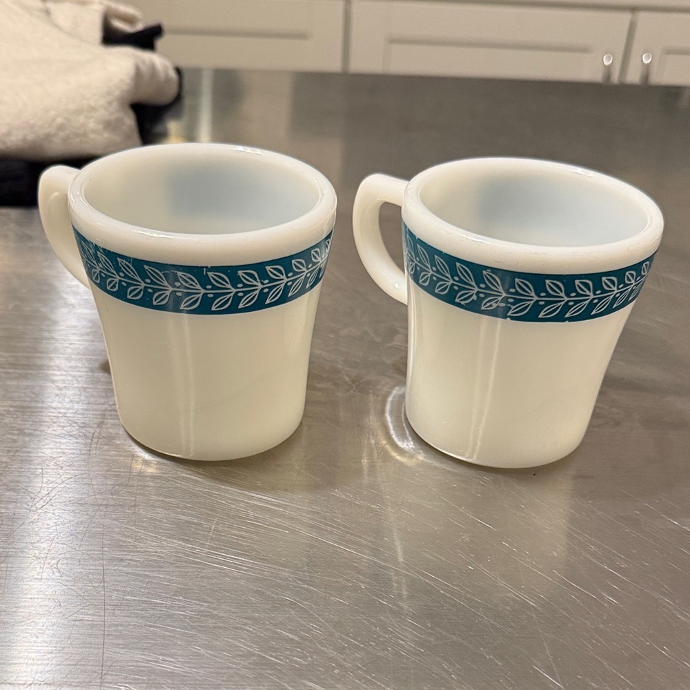 Pyrex White Mugs with Blue Leaf Design